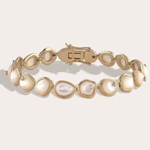 NEW Awe Inspired Organic Pearl Gemstone Tennis Bracelet 14K Yellow Gold Vermeil
